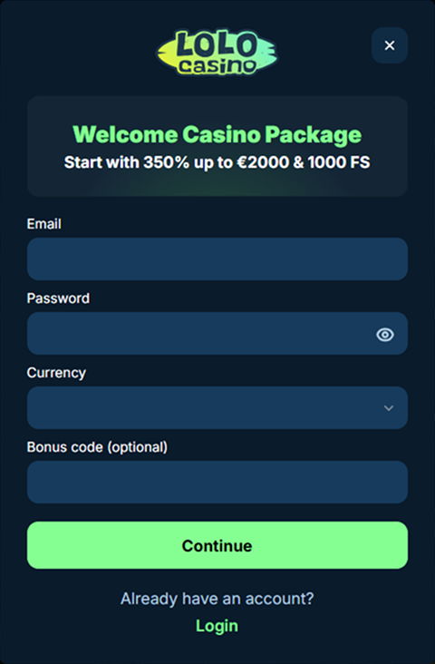 Lolo registration email password currency bonus code